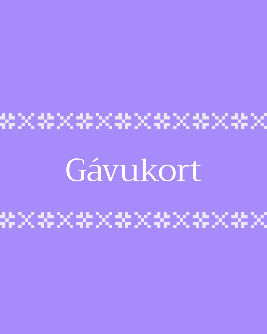 Purple background with white text 'Gávukort' and decorative elements