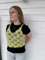 Person wearing a yellow knitted top against a white background