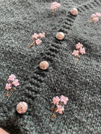 Close-up of a textured fabric surface with pink floral patterns and metallic buttons.