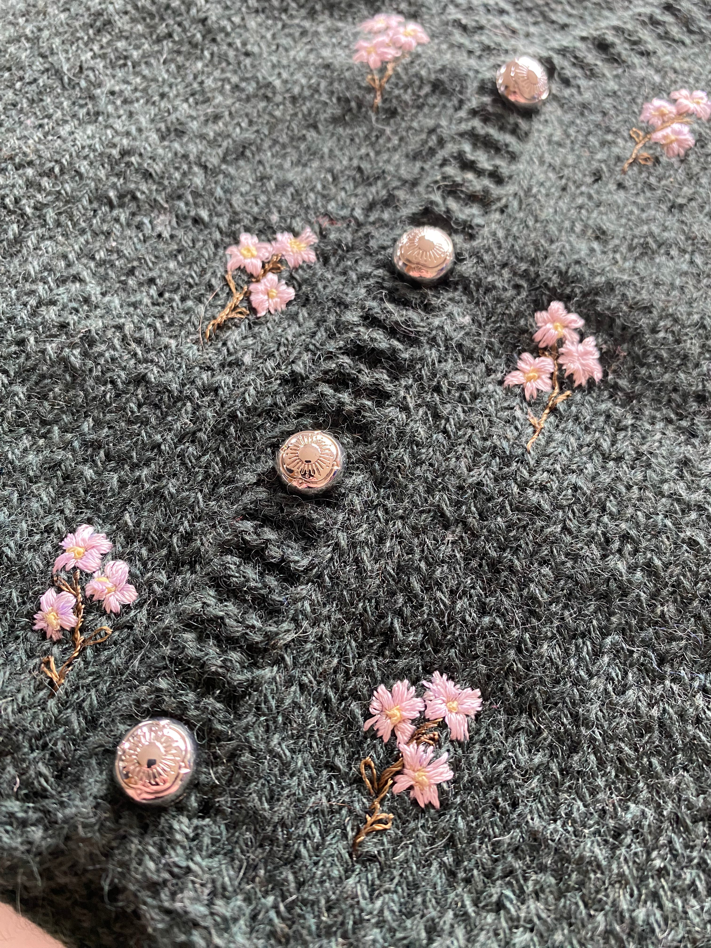 Close-up of a textured fabric surface with pink floral patterns and metallic buttons.